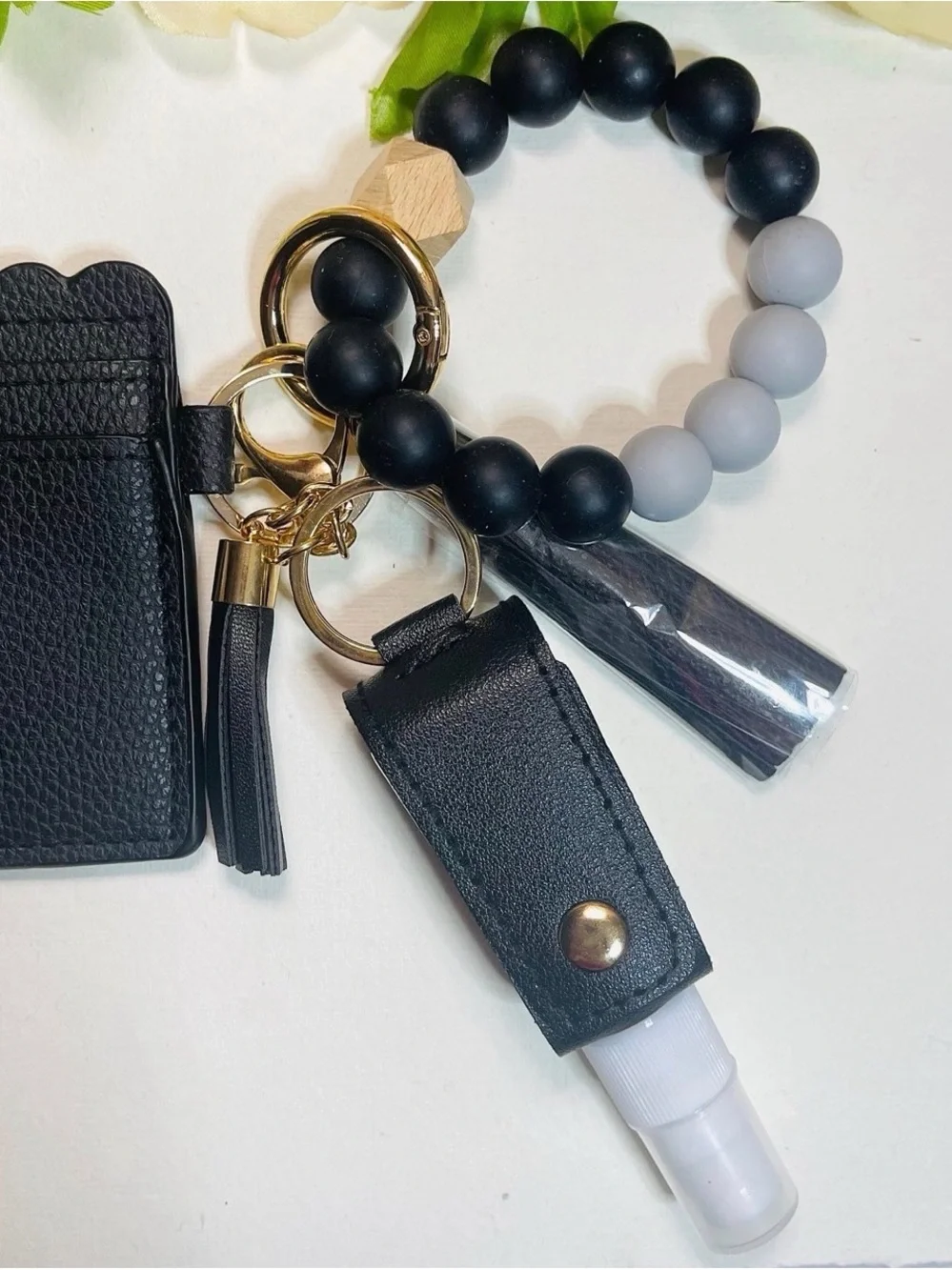 Black card wallet silicone Beaded wristlet